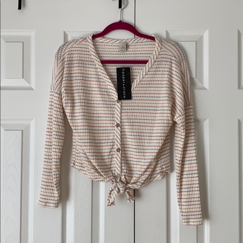 Paper Crane front tie light button down sweater.